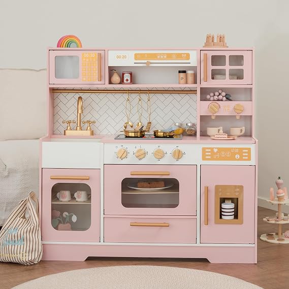 Wooden Play Kitchen for Kids, Pretend Play Toy Kitchen Set (Ages 3+) Pink