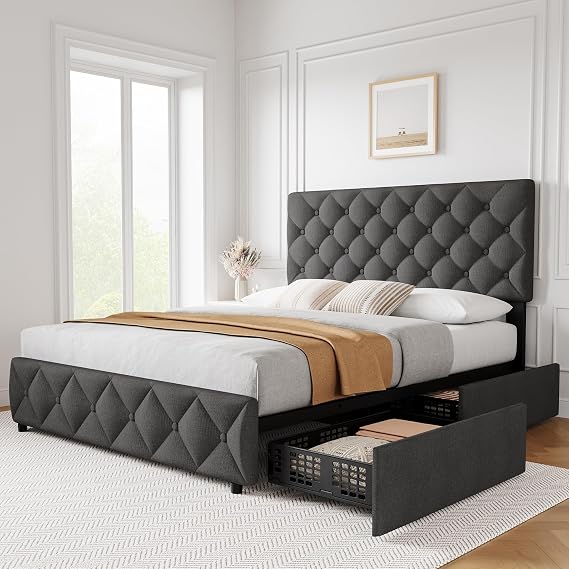 King Bed Frame with 4 Storage Drawers and Adjustable Upholstered Headboard, Bed Frame with Wooden Slats Support, No Box Spring Needed, Dark Grey