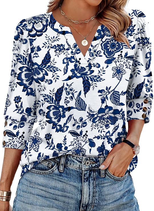 WIHOLL 3/4 Length Sleeve Womens Tops with Button Cuffs Dressy Casual V Neck Summer Outfits Early Fall Fashion Clothes 2025