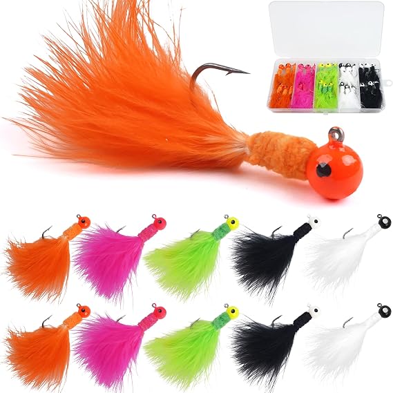 Crappie Jigs,30pcs Hand-Tied Marabou Hair Jig Heads with Feather 5 Colors Ice Fly Fishing Lures Bucktail Jig Fishing Teaser for Panfish Sunfish Walleye Hair Jig Bait 1/32 1/16 1/8 oz