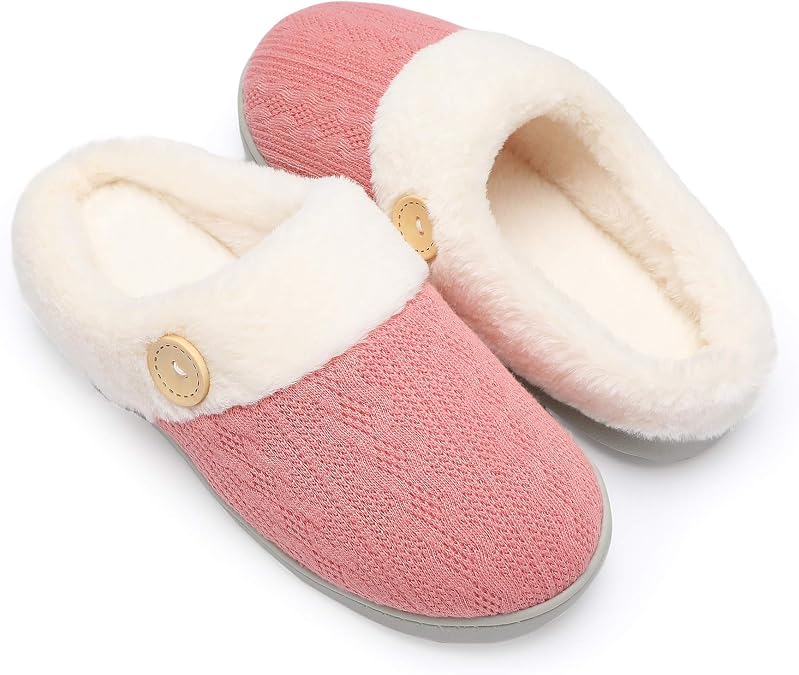 Womens Slipper Warm Comfy Memory Foam House Slippers Knitted Shoes Faux Fur Lined Anti-Skid Rubber Sole Bedroom Cozy Indoor Outdoor Slippers