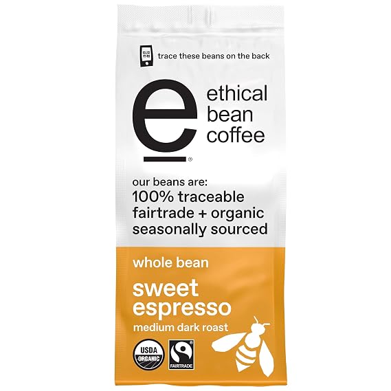 Ethical Bean Fairtrade Organic Coffee, Whole Bean Espresso Coffee (12 Oz Bag), Sweet Espresso Medium Dark Roast, 0.75 Lb | USDA Organic & Fairtrade Certified, 100% Arabica, Roasted for Bold Cocoa & Sugar Notes, Full-Bodied & Velvety