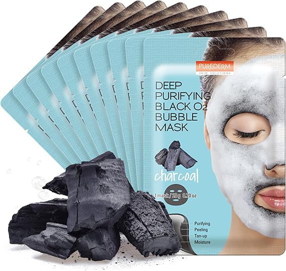 Purederm Deep Purifying Black O2 Bubble Mask Charcoal Facial Sheets with Detoxifying and Moisturizing Action