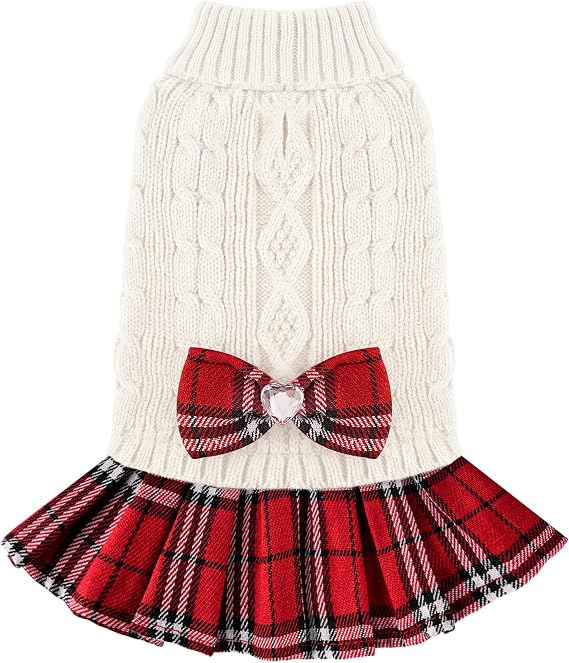 Small Dog Sweater Dog Christmas Sweater Dress with Bowtie Soft Warm Turtleneck Knitted Festival Pet Clothes Cold Weather Puppy Clothes for Small Medium Dogs Cats