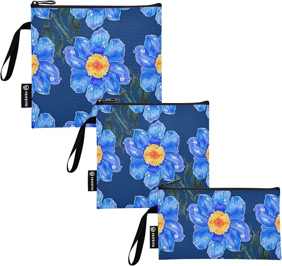 Blue Watercolor Flowers Navy Snack Sandwich Bags Reusable Washable Food Bags with Zipper for Kids Students Adults (Set of 3: S/M/L)