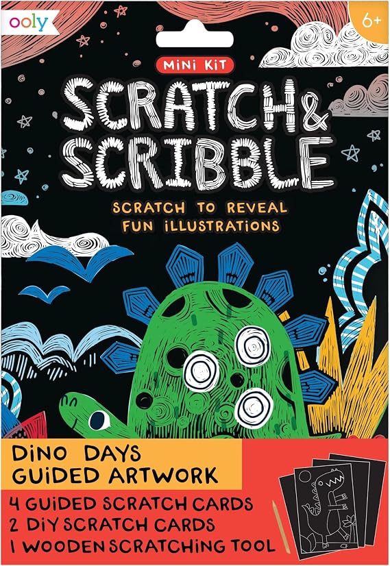 Ooly Mini Scratch & Scribble Art Kit - 6 Card Rainbow Scratch Art Set Gifts for Kids, Travel-Friendly Craft Kit, Scratching Tool Included - Dino Days
