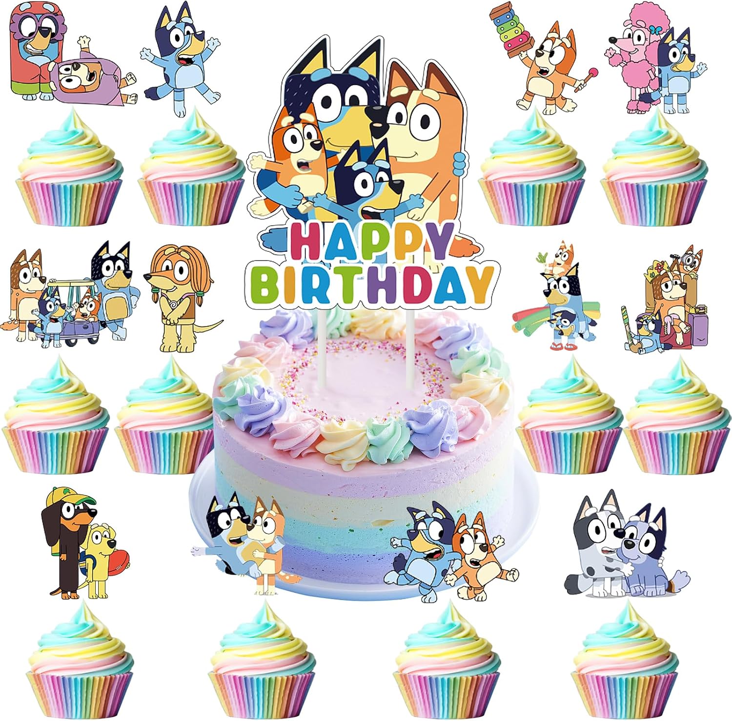 25PCS Blue Dog Cake Cupcake Topper Decorations Cartoon Dog Happy Birthday Party Supplies for Kids Party Favors