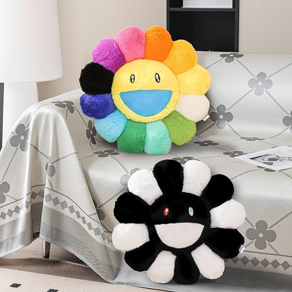 FIONOUT Cute Smile Face Flower Pillow - Soft Fluffy Sunflower Plush Pillow for Girls, Cozy Floor Cushion & Bedroom Decor Gift for Chair/Couch/Car