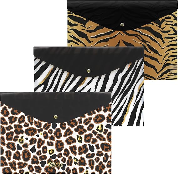 Pukka Pad Wild A4 Stud Wallets File Storage Folder 23.5 x 32cm Pack of 3 Assorted Animal Print Designs