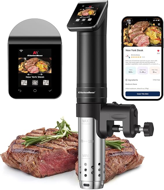 KitchenBoss Sous Vide Machine WiFi Precision Cooker: 1100 Watts App Temperature Control 40°C-90°C, IPX7 Immersion Circulator, SUS304, TFT Touch Water Bath, Ultra-Quiet with 25 Recipes