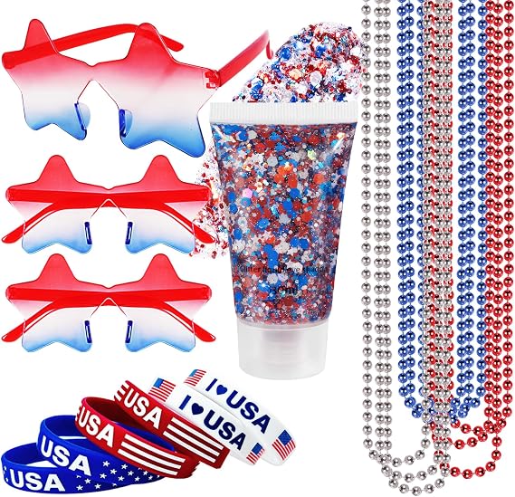 Mysense 4th of July Outfits for Women,4th of July Accessories Set with Red White Blue Face Hair Body Glitter,3 USA Flag Sunglasses,9 Beaded Necklaces,6 Bracelets for Independence Day 250 Anniversary