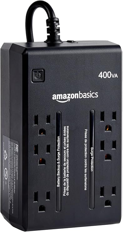 Amazon Basics UPS Battery Backup & Surge Protector, 400VA/255W, 6 Outlets, Uninterruptible Power Supply, Small Compact Size, Black