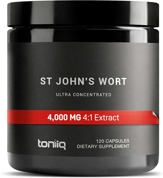 Toniiq 1,000mg Ultra High Strength St. John's Wort Capsules (Non-GMO) | 4X Concentrated Extract - 0.3% Hypericin - Highly Purified and Bioavailable - 120 Capsules