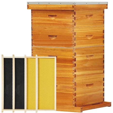 10-Frame Langstroth Beeswax Coated Bee Hive Includes 2 Deep Hive Boxes and 2 Super Bee Boxes with Beehive Frames and Foundations (4 Layer)