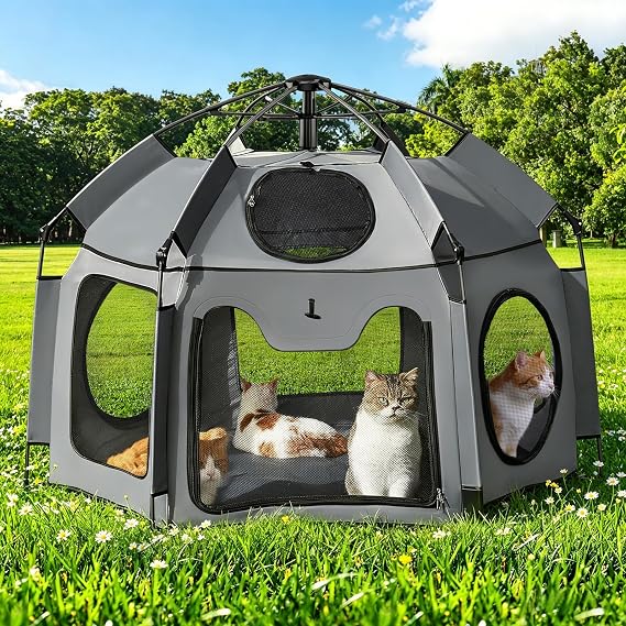 Rywell Cat Tent, Extra Large Outdoor Enclosure & Indoor Playpen, 1s Pop-Up Waterproof&Sun Shelter with Carry Bag & Stakes for Patio, Camping