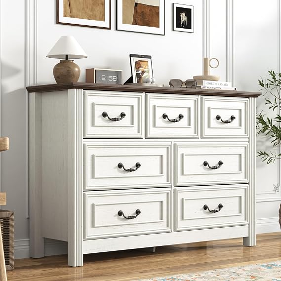 chartustriable Farmhouse 7 Drawer Dresser for Bedroom, 47 Wood Chest of Drawers with Rustic Handles, Wide Closet Dressers Organizer, Living Room, Hallway, Bedroom Furniture(7 Drawers White)