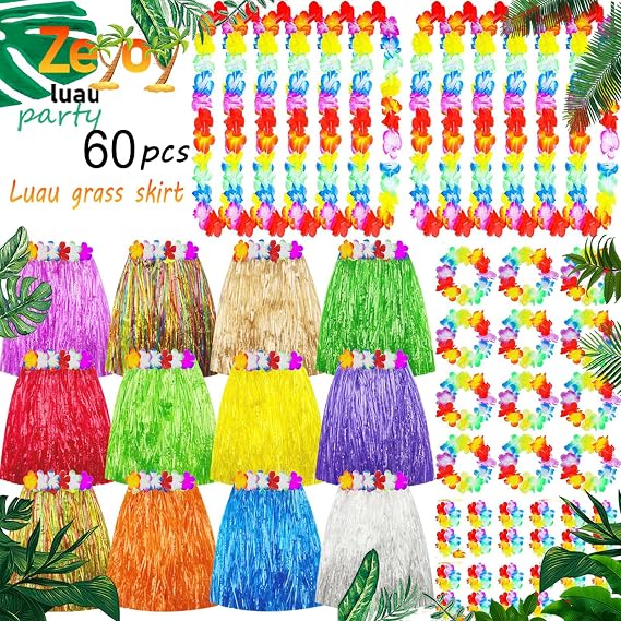 60 Pcs Hawaiian Hula Skirts & Leis,grass skirts for adults