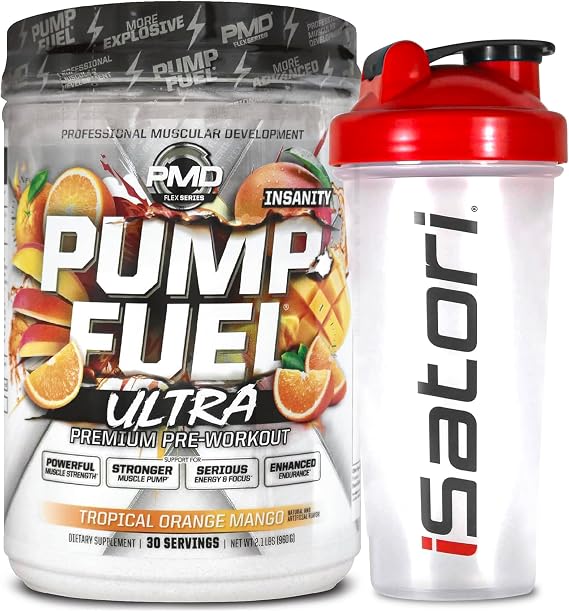 PMD Sports Pump Fuel Ultra Caffeine Free Pre-Workout Powder, Tropical Orange Mango (30 Servings) & iSatori Classic Shaker Bottle Stainless Steel BlenderBall (28-Ounce) Bundle