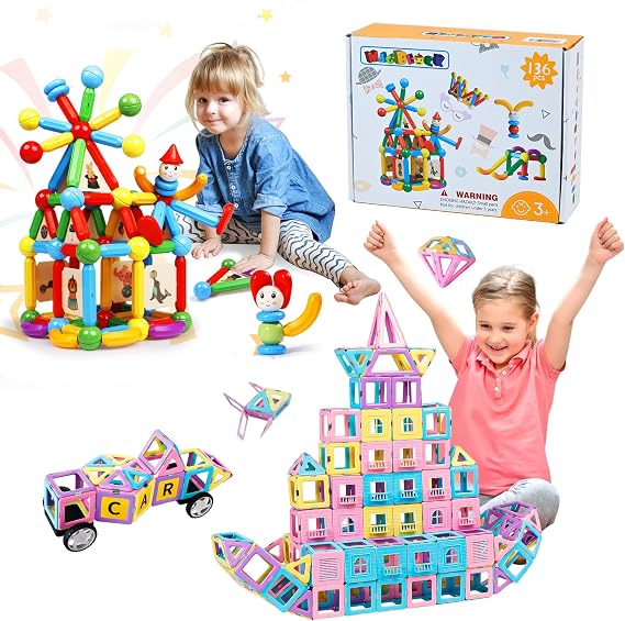 MAGBLOCK Magnetic Tiles with 2 Cars Magnet Toys Set for 3+ Year Old Boys Girls Toddlers, Magnet Balls Toys for 3+Years Old Boys and Girls