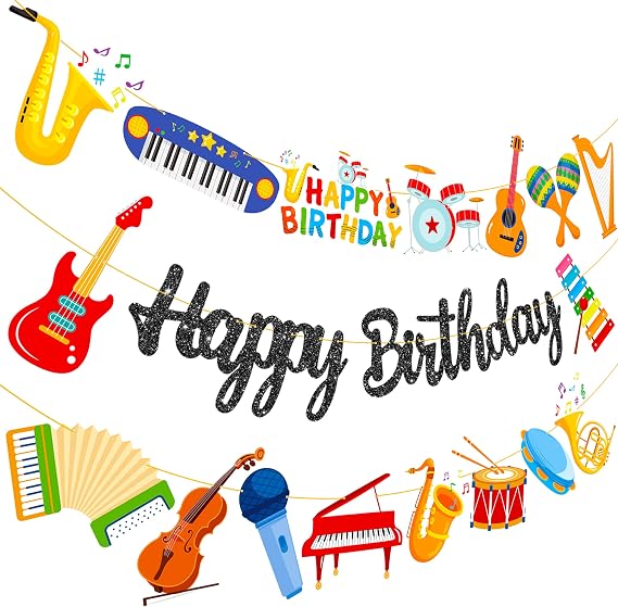 Music Birthday Party Decoration 3pcs Musical Instrument Party Banners Black Glitter Happy Birthday Banners Music Instrument Garlands for Musical Birthday Party Music Theme Baby Shower Supplies