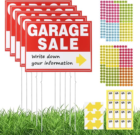 5 Pack Garage Sale Signs with Stakes 17" x 13" Double-Sided Yard Sale Sign