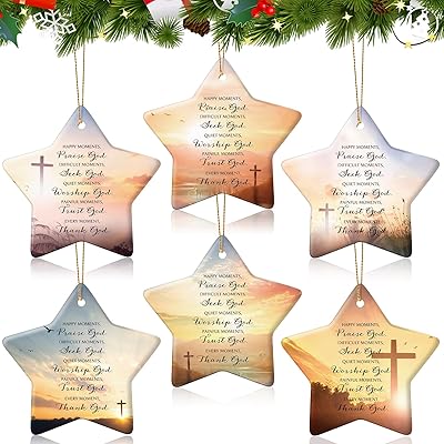 6 Pcs Christmas Christian Ornaments Star Shaped Bible Verse Double Side Printing Ceramic Inspirational Religious Gifts Christmas Tree Hanging Decor for Employee Women Men