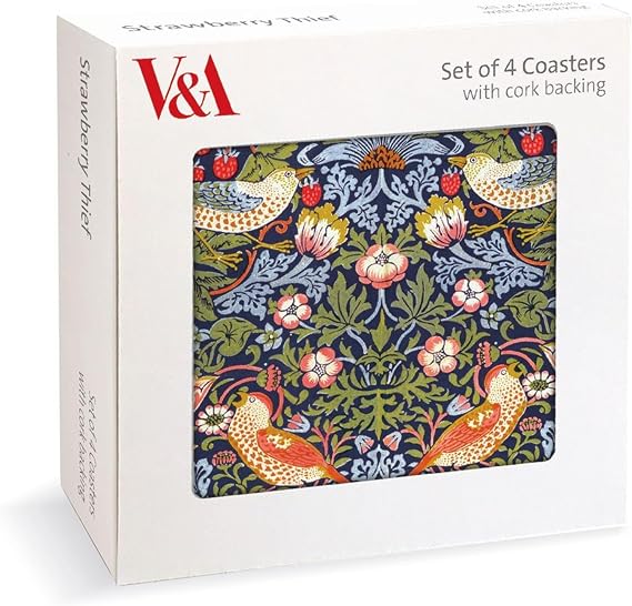 Museums & Galleries Set of 4 Cork Backed Coasters - William Morris Strawberry Thief Design - V&A Statement Coasters for the Home