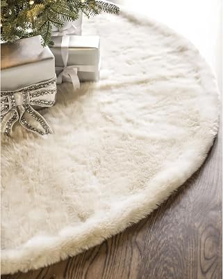 Balsam Hill Lodge Faux Fur Christmas Tree Skirt - Premium Rustic and Luxurious Fur Accents in Brown and Ivory for Tree Decor, Ivory, 72