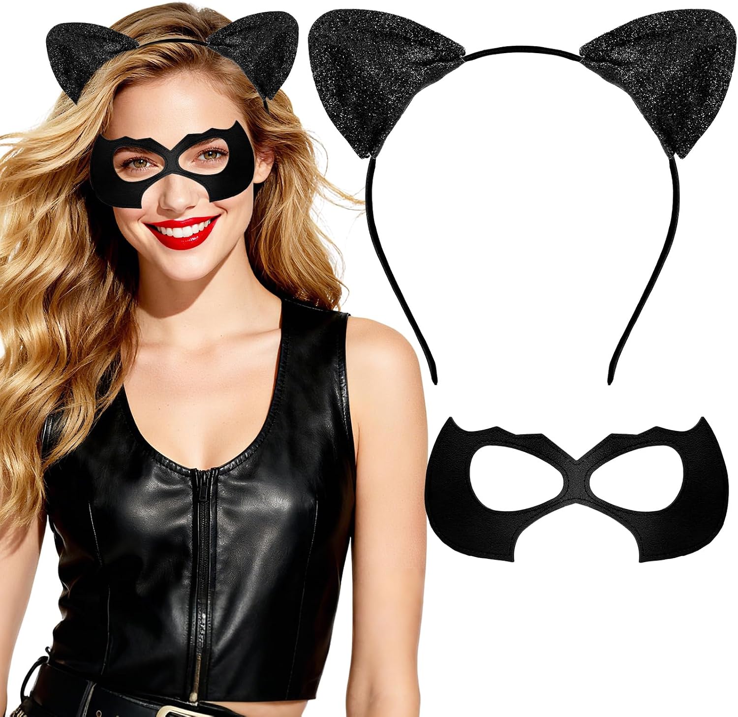 Black Cat Ears Headband & Woman Mask - Catwomen Headbands Costume Outfit for Adult Women, Halloween Cats Costume Accessories for Party & Cosplay
