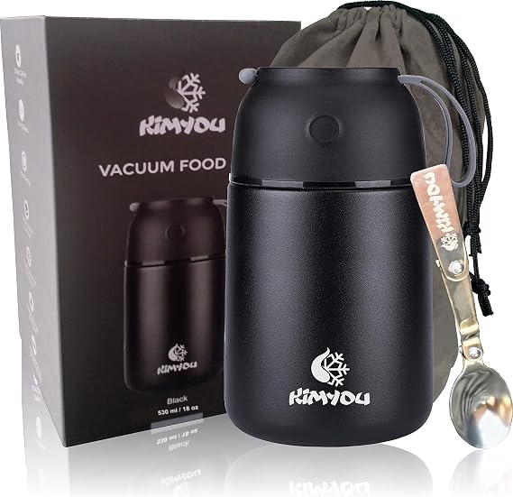 Premium Stainless Steel Vacuum Insulated 530 ml Thermal Food Container | Soup Flask with Bag, Brush & Spoon - Black