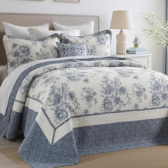 DDUOXIN Botanical Oversized King Bedspread - 128W x120L 100% Cotton Quilt | Vintage Floral Bedroom Decor Bedding Set, Lightweight Reversible Super XL Bed Spreads with 2 Pillow Shams, Blue Horizon/Cream