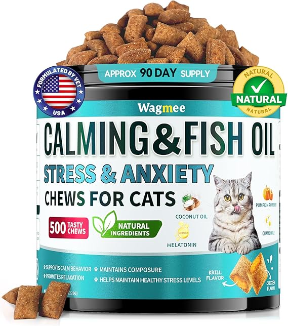 Wagmee Cat Calming Treats, with Melatonin, Chamomile, 500 Crunchy & Creamy