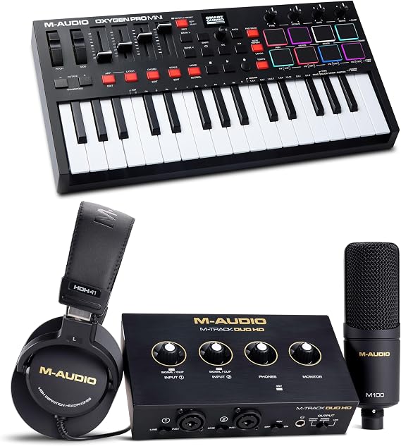 M-AUDIO Oxygen Pro Mini MIDI Controller Bundle with M-Track Duo HD Audio Interface Pack for Studio Recording, Music Production, Podcasting, Streaming