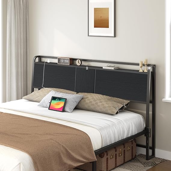 MAHANCRIS Headboard Queen Size with 2 Power Strips and Flip Door Storage | Industrial Queen Headboard with Adjustable Bed Frame Adapters, 95 Backrest, Easy Assembly, Sturdy Construction, Black