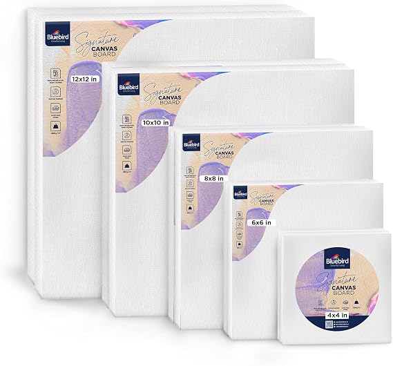 Bluebird Canvas Board - 2 Each of 4x4, 5x7, 8x10, 9x12, 11x14 Set of 10 Gesso-Primed White Blank Canvases for Painting - 100% Cotton Art Supplies, Canvas Board for Acrylic, Poster, Oil Paint