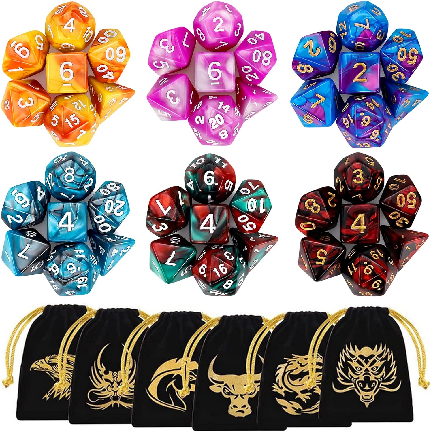 DND Dice, QMAY 6 x 7 Set Polyhedral Double-Color Dice Sets with 6 Gold Pattern Drawstring Pouches for Dungeon and Dragons MTG Table Games RPG DND D20 D12 D10 D% D8 D6 D4