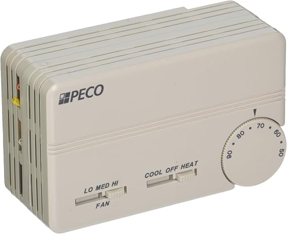 Peco TA155-046 3 Speed Fan Coil Programmable Thermostat with Wire Leads, Cool-Heat-Off, Line Voltage, White