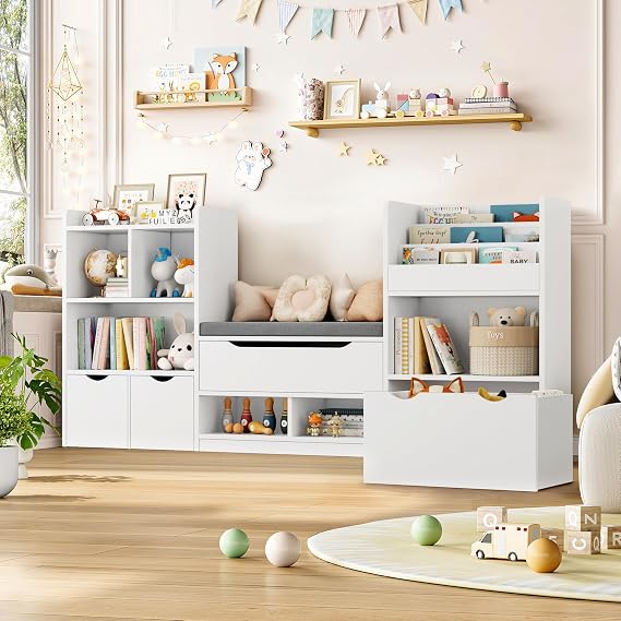 FOTOSOK 72 Kids Bookshelf with Reading Nook, Large Toy Storage Organizer with Seat Cushion and 3 Movable Drawers, Kids Reading Nook Toy Organizers and Storage with Bench for Living Room, White