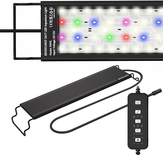 24/7 Mode LED Aquarium Light for 61-76cm Plant & Fish Tank, IP68 Full Spectrum Light, Sunrise-Daylight-Moonlight, White Red Green Blue Pink LEDs with Extendable Brackets for Freshwater [Energy Class E]