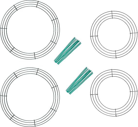 Pack of 4 Wire Wreath Frame (14 Inches and 10 Inches) with 20 Twist Ties Round Metal Wreath Form for Crafts & Floral Decorations on Weddings Christmas Home Party Celebrations, Dark Green
