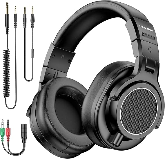 New Bee Wired Over Ear Headphones, Studio Headphones with 50mm Drivers and 6.35mm & 3.5mm Jack DJ Headphones for Studio Monitor & Mixing DJ Guitar AMP Podcast Piano Keyboard