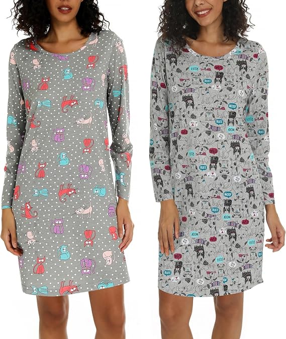 ENJOYNIGHT 2 Pack Nightgown For Women Cotton Long Sleeve Nightshirts