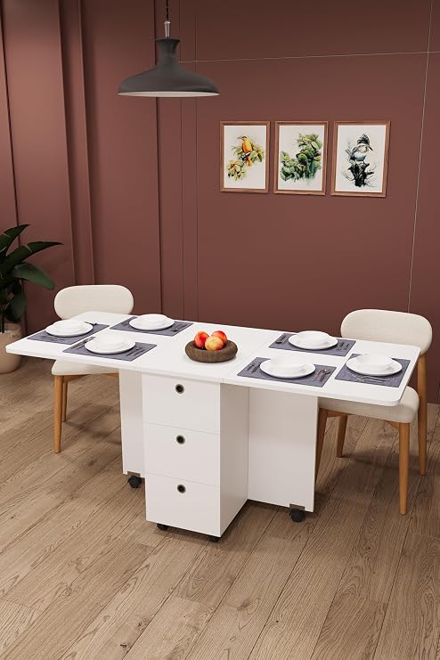 ASRA TREND Saf Beyaz KM-100 Çekmeceli Katlanır Mutfak Masası ve Kiler Dolabı 168x70 cm%100 MDFLAM