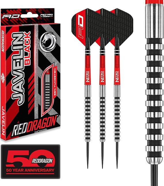 RED DRAGON Javelin Black Steel Tip Darts Set - 85% Tungsten Long Barrel Darts with Flights & Shafts - Available in 20g, 22g, 24g & 26g Weights