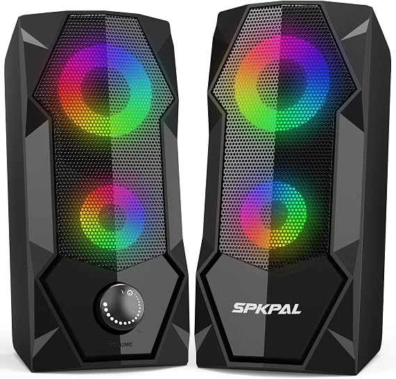 Computer Speakers SPKPAL RGB Gaming Speaker PC 2.0 Wired USB Powered Stereo Volume Control Dual Channel Multimedia AUX 3.5mm for Laptop Desktop Tablet Phone Monitors S100 Black/Brilliant RGB Lighting