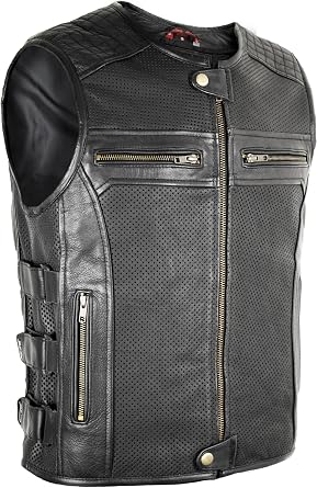 Men's motorcycle leather vest wind permeable adjustable at the sides