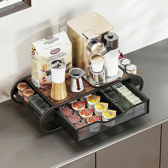 Coffee Pod Holder, K Cup Storage Rack & Countertop Organizer | With Drawer Holds 38 K-Cup/Nespresso Pods, Fits Keurig Brewers, Space-Saving 22" Wide Design For Counter