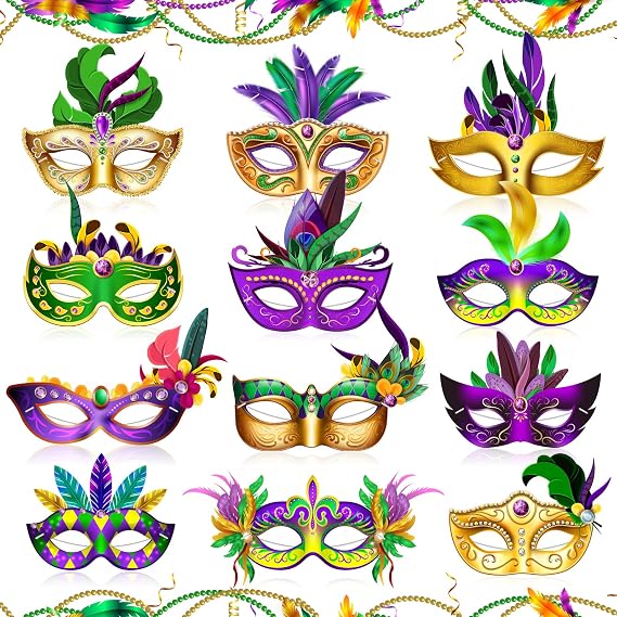 12 Pcs Mardi Gras Mask Paper Masquerade Masks Carnival Parade Prom Purple Green Yellow Feather Masks Party Favors for Women Men Kids New Orleans Dress Up Mardi Gras Decorations Party Supplies