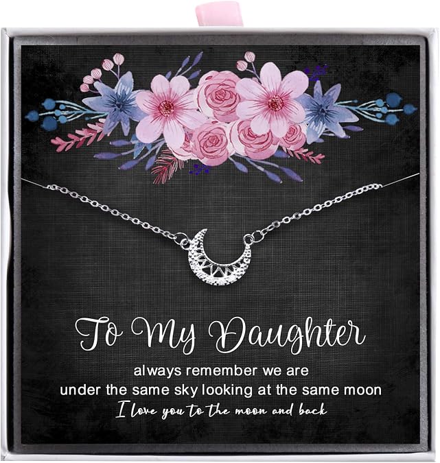 To My Daughter Necklace - Sterling Silver Cute Crescent Moon Necklace for Women Girls, I Love You to The Moon and Back Daughter Necklace