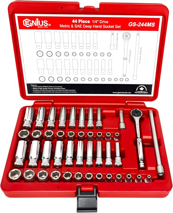 GENIUS TOOLS 44 Piece 1/4" Dr. Metric & SAE Deep Hand Socket Set with Ratchet and Extensions GS-244MS